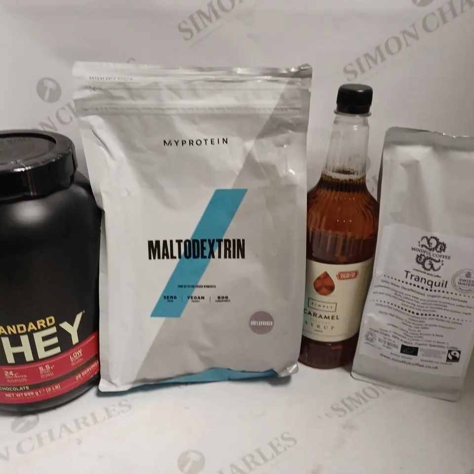 BOX OF APPROX 8 ITEMS TO INCLUDE ON GOLD STANDARD WHEY PROTEIN, SIMPLY CARAMEL SYRUP, MINDFUL COFFEE BEANS