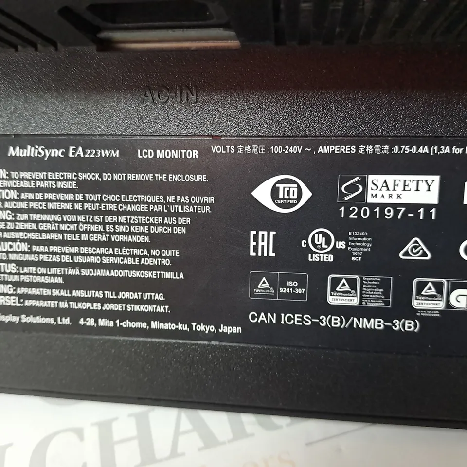 NEC 22" MULTI SYNCH LCD MONITOR MODEL EA223WM-BK SERIAL #66398630TB