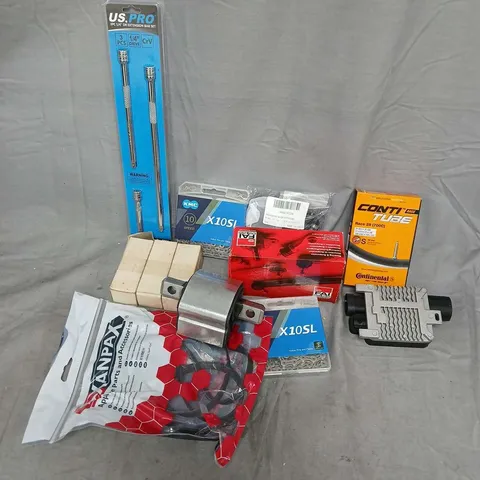 APPROXIMATELY 12 ASSORTED VEHICLE PARTS & ACCESORIES TO INCLUDE CONTI RACE TUBE, KMC X10SL HOLLOW PINS AND PLATES, SS675 TIE ROD END, ETC