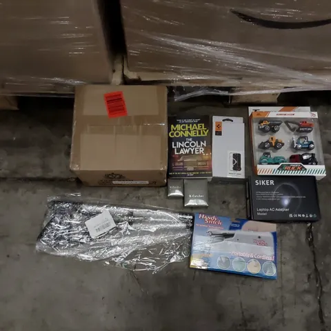PALLET OF ASSORTED ITEMS INCLUDING: VANCASSO CUPS, WOMEN'S JEWELLERY, BOOKS, PHONE CASES, HAND HELD SEWING MACHINE, TOY TRUCKS, LITTER PICKER, LAPTOP AC ADAPTER