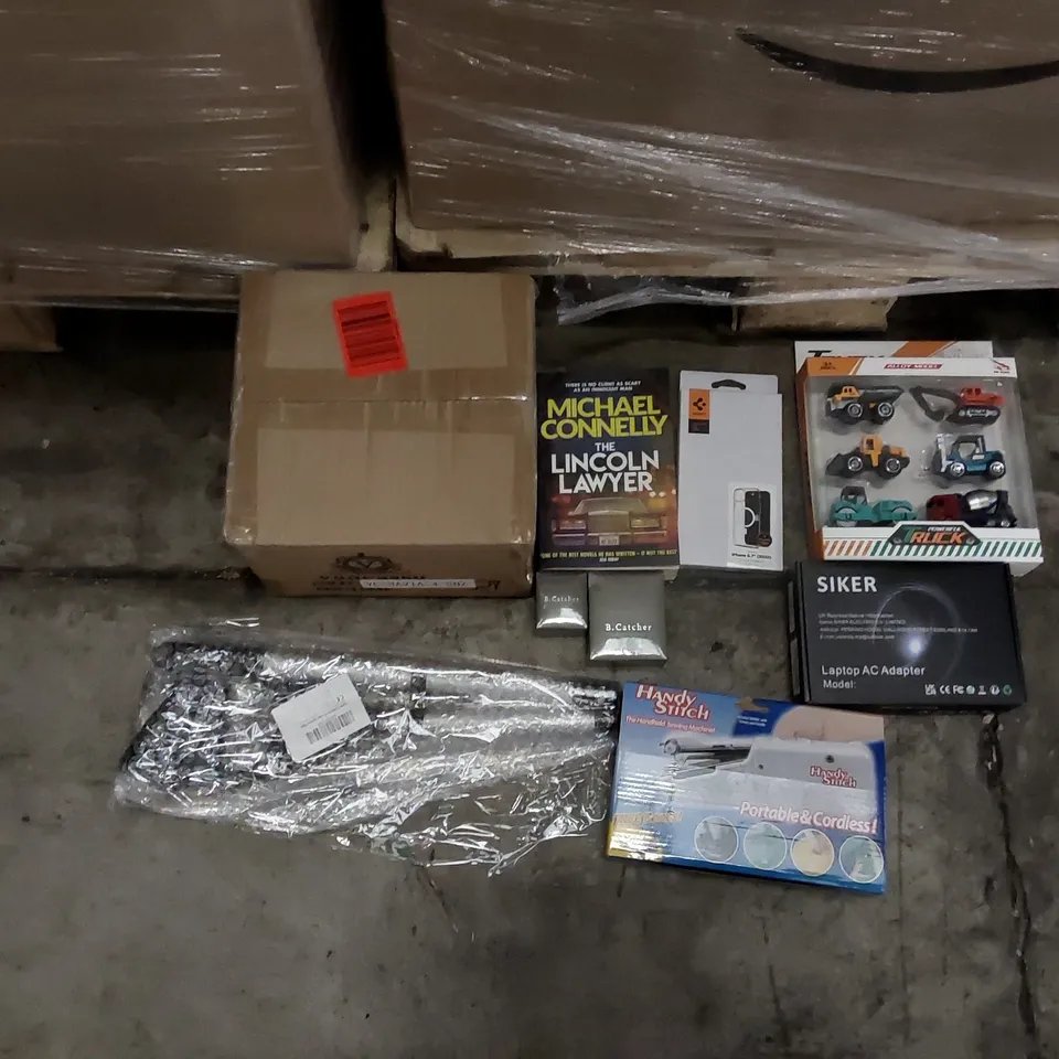 PALLET OF ASSORTED ITEMS INCLUDING: VANCASSO CUPS, WOMEN'S JEWELLERY, BOOKS, PHONE CASES, HAND HELD SEWING MACHINE, TOY TRUCKS, LITTER PICKER, LAPTOP AC ADAPTER 
