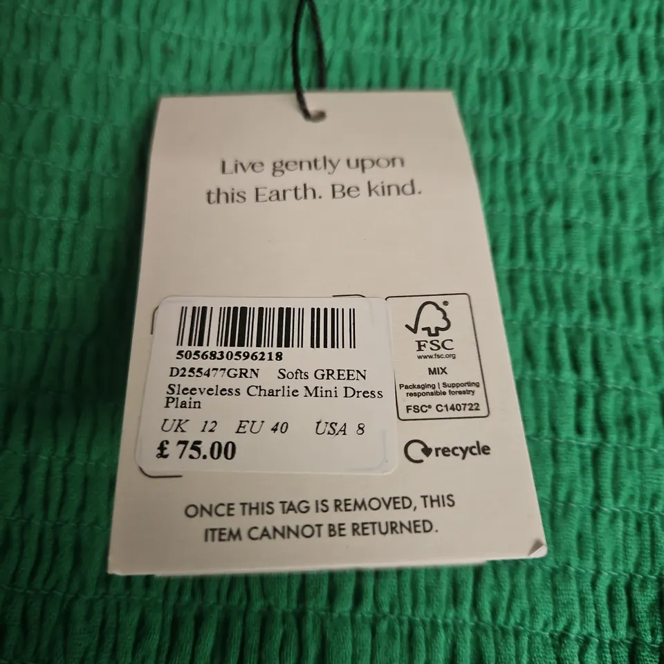 NOBODY'S CHILD GREEN SLEEVELESS CHARLIE MINI DRESS – UK 12 (EU 40, USA 8)