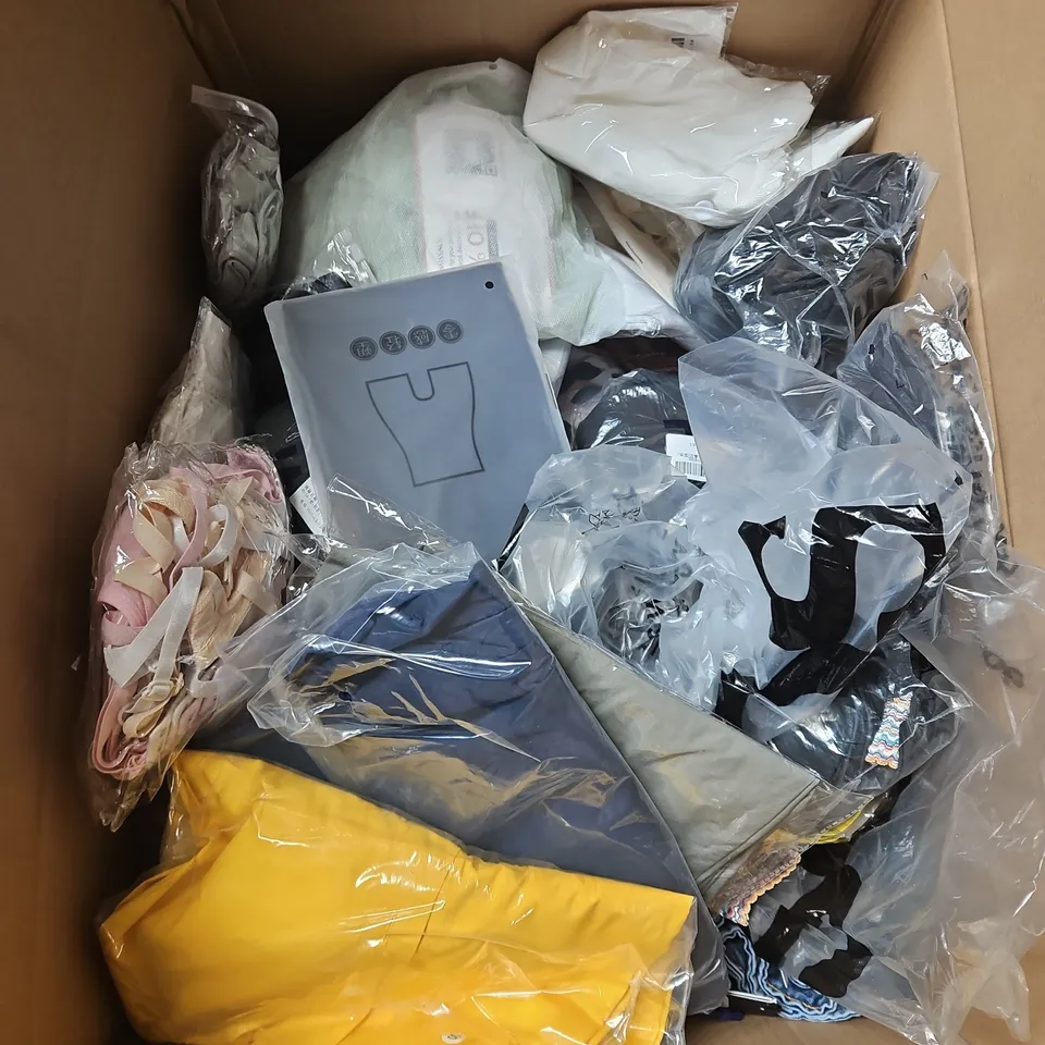 BOX OF APPROXIMATELY 20 ASSORTED CLOTHING ITEMS TO INCLUDE - JUMPSUIT, SOCKS, JACKET, ETC