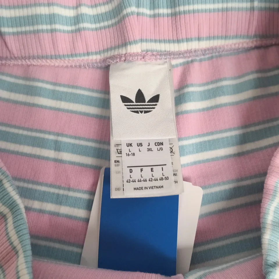 ADIDAS STRIPED KNIT SHORTS– WOMEN’S, UK 16-18 – PINK & BLUE