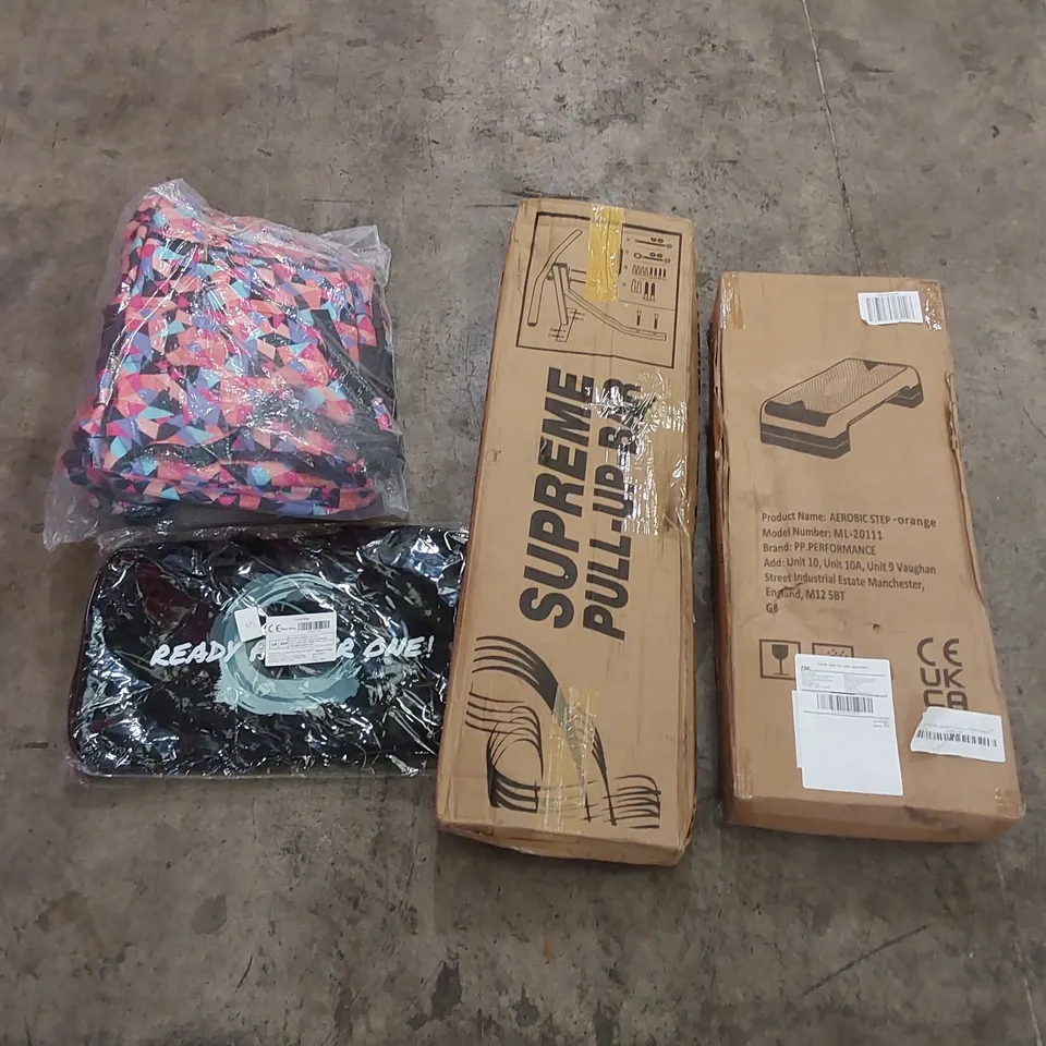 PALLET OF ASSORTED HOUSEHOLD ITEMS AND CONSUMER PRODUCTS. INCLUDING; BAGS, PULL-UP BARS, AEROBIC STEPS ETC