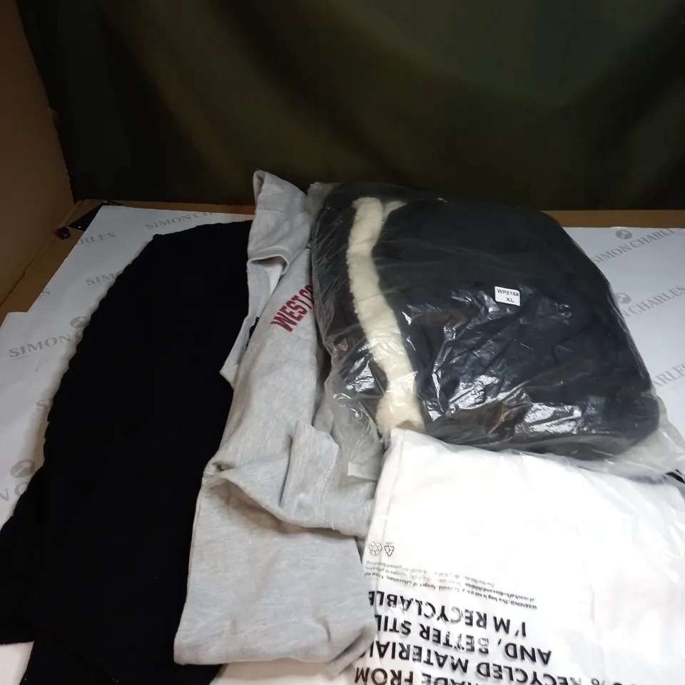  BOX OF ASSORTED CLOTHING ITEMS TOO INCLUDE DRESSES , SHIRTS AND TROUSERS IN VARIOUS SIZES AND COLOURS   