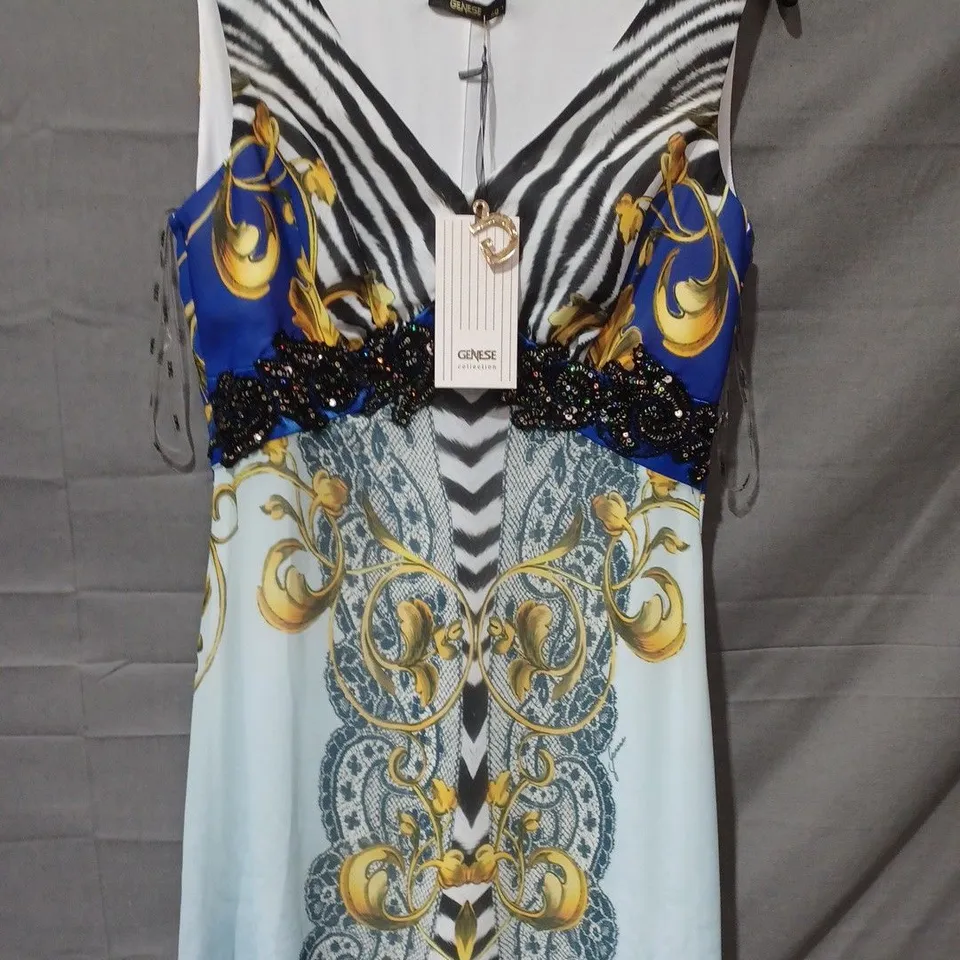 GENESE LASE SEQUIN DETAIL PRINT SHOULDER STRAP DRESS IN WHITE/BLUE MULTI - SIZE 40