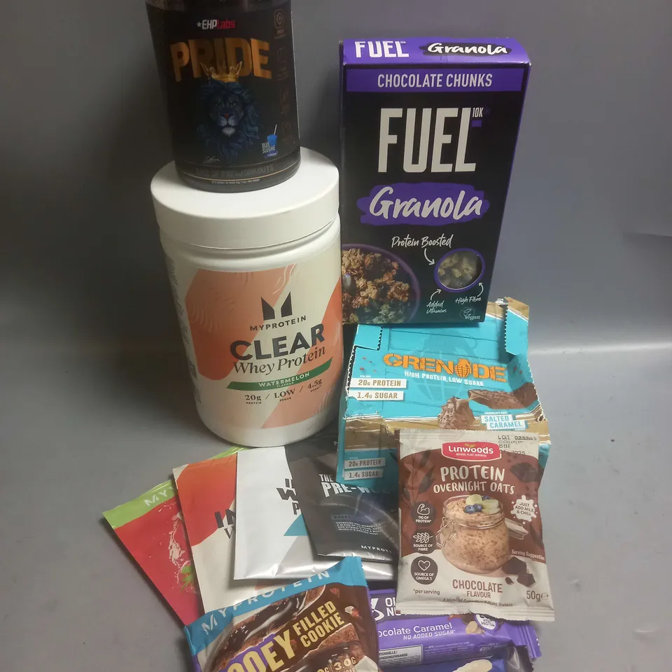 TOTE OF APPROX 10 ASSORTED FOOD ITEMS TO INCLUDE - MYPROTEIN CLEAR WHEY PROTEIN - GRENADE PROTEIN BARS IN SALTED CARAMEL - EHP LABS PRIDE PRE-WORKOUT ETC