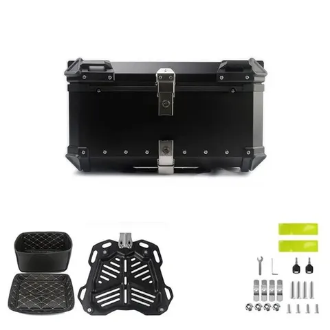 BOXED GARVEE MOTORCYCLE TOP CASE ALUMINUM ALLOY 65L LOCKABLE WATERPROOF REFLECTIVE STRIPS UNIVERSAL TRAVEL STORAGE BLACK
