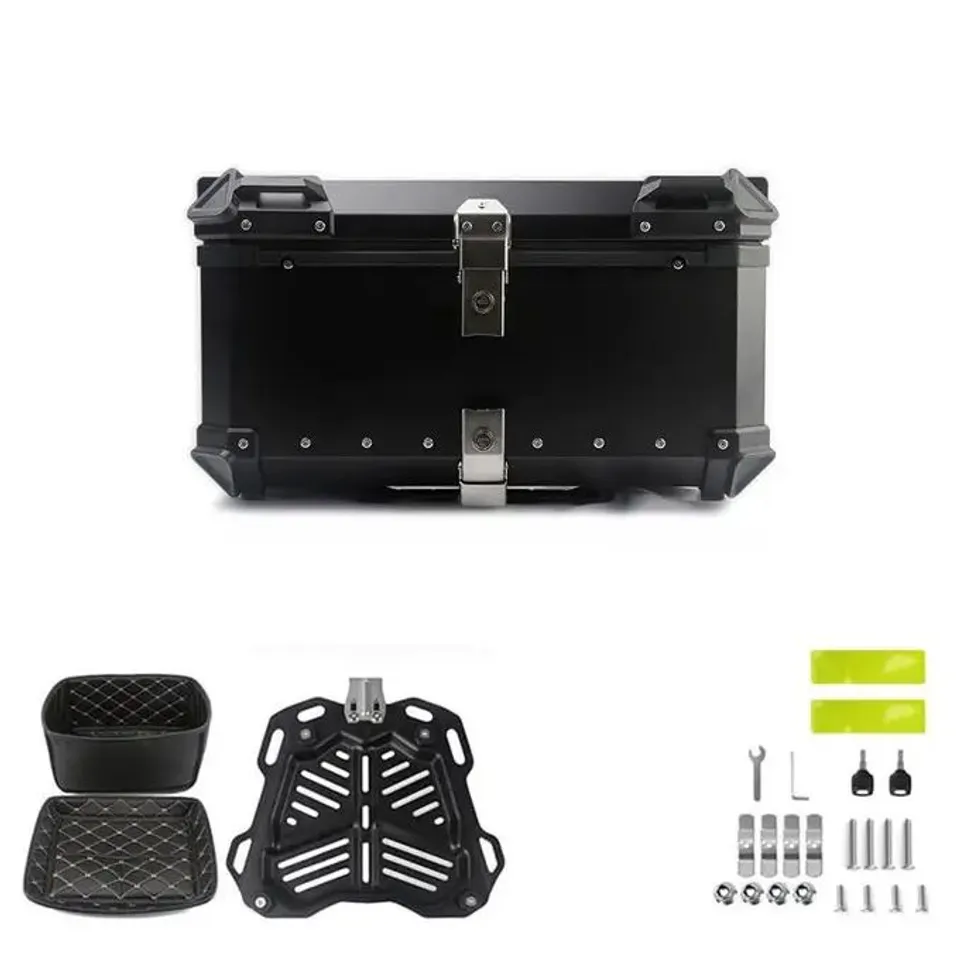 BOXED GARVEE MOTORCYCLE TOP CASE ALUMINUM ALLOY 65L LOCKABLE WATERPROOF REFLECTIVE STRIPS UNIVERSAL TRAVEL STORAGE BLACK