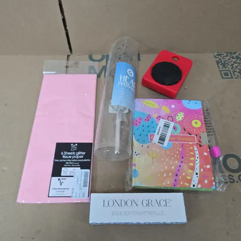 APPROXIMATELY 20 ASSORTED HOUSEHOLD PRODUCTS TO INCLUDE HEAD MASSAGER, JOURNAL, GIFT BAG TISSUE ETC 