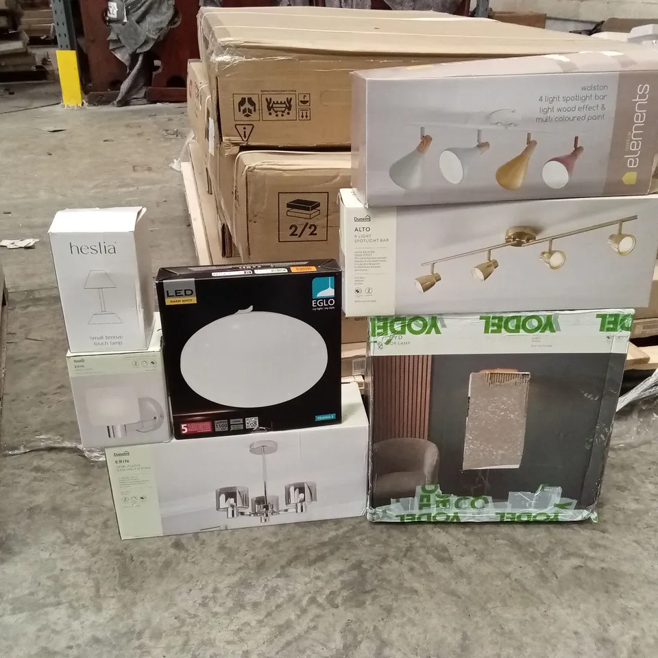 PALLET TO CONTAIN APPROXIMATELY 28 DESIGNER INDOOR LIGHTING PRODUCTS TO INCLUDE; CEILING LIGHTS, FLOOR LIGHTS, FLOOR LAMP ETC