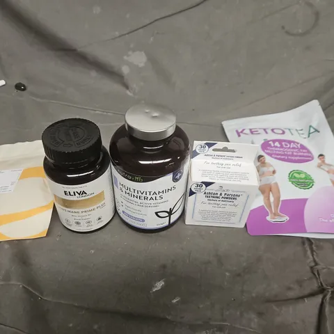 APPROXIMATELY 10 ASSORTED ITEMS TO INCLUDE NUTRAVITA MULTIVITAMINS & MINERALS; ELIVA LONDON MANE PRIME PLUS; ASHTON & PARSONS TEETHING POWDERS; KETOTEA TEA