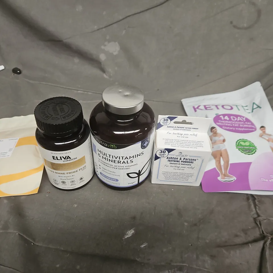 APPROXIMATELY 10 ASSORTED ITEMS TO INCLUDE NUTRAVITA MULTIVITAMINS & MINERALS; ELIVA LONDON MANE PRIME PLUS; ASHTON & PARSONS TEETHING POWDERS; KETOTEA TEA