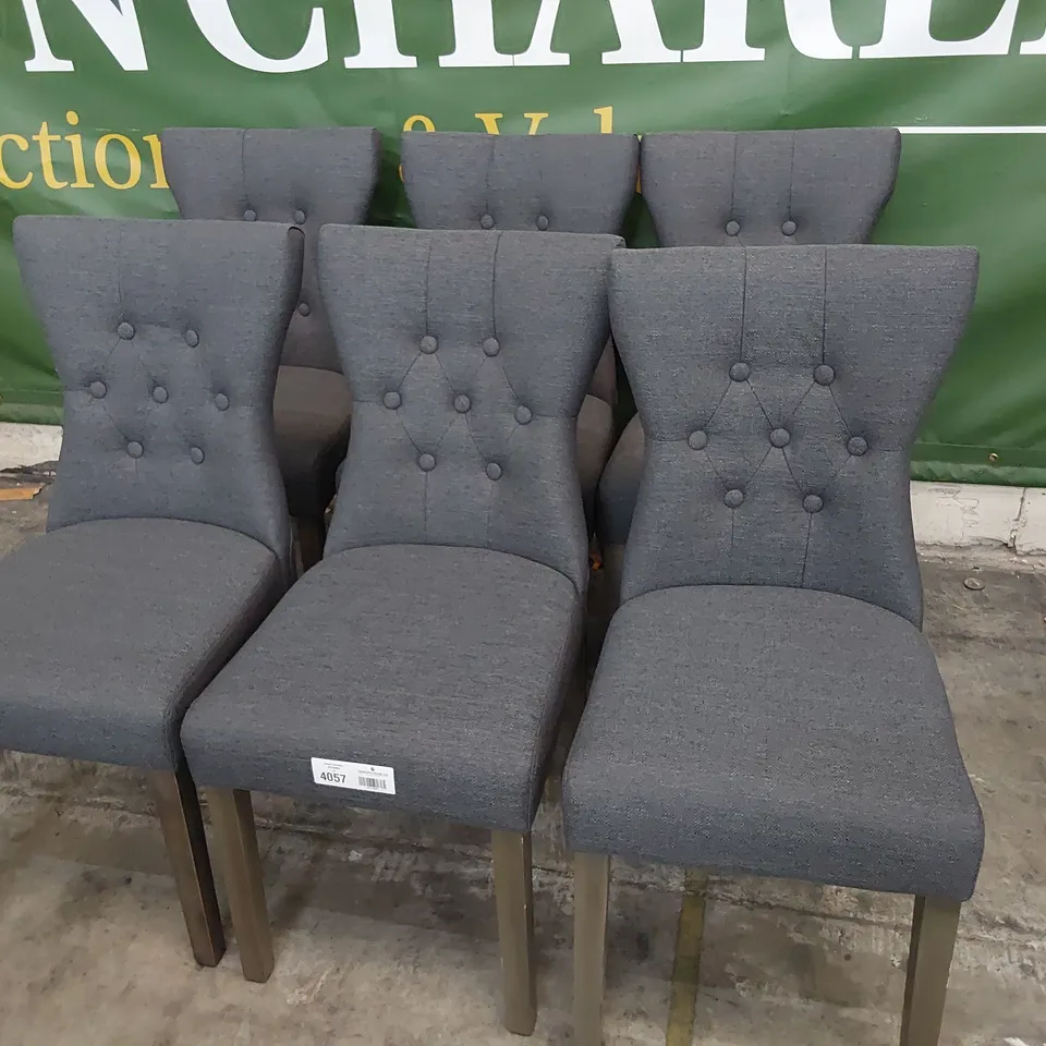 SET OF SIX UPHOLSTERED DINING CHAIRS BUTTONED BACKS, CHARCOAL FABRIC ON SILVER LEGS