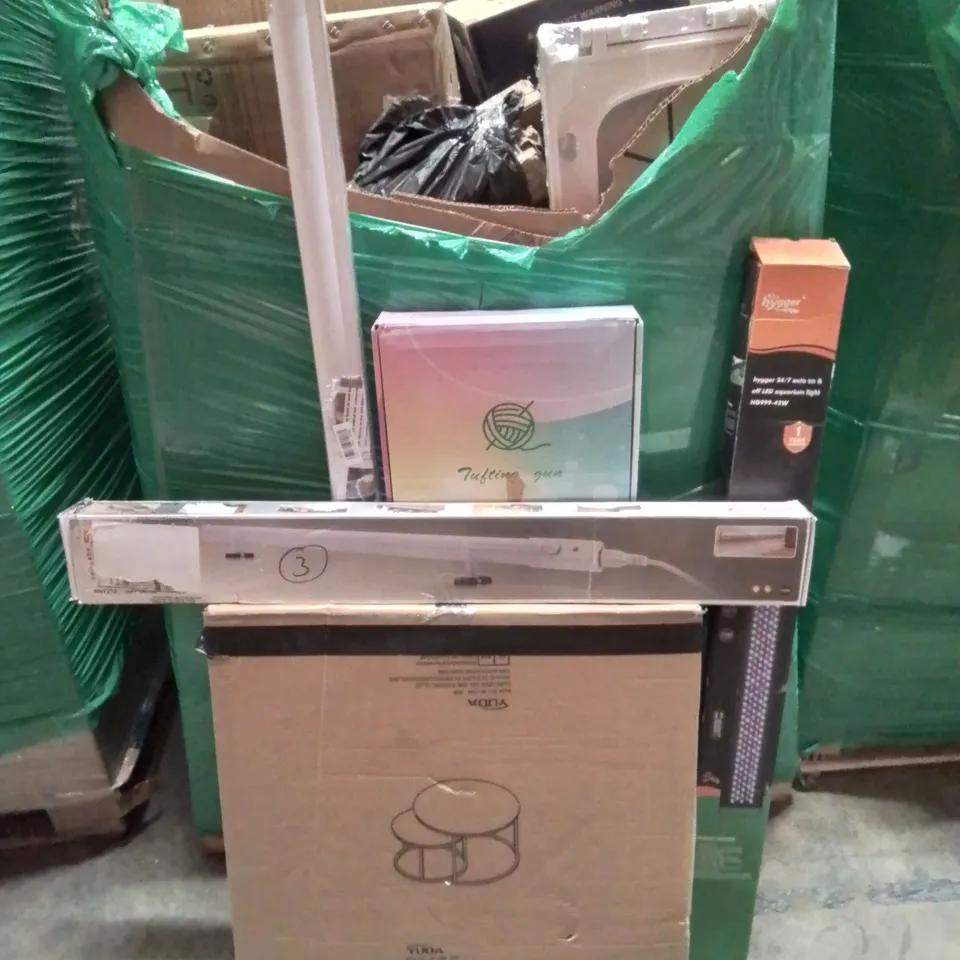 PALLET CONTAINING VARIOUS BOXED HOUSEHOLD ITEMS TO INCLUDE: NEST OF TABLES,  STRIP LIGHT, LED AQUARIUM LIGHT, OFFICE CHAIR AND LOTS MORE UNMARKED BOXED ITEMS.