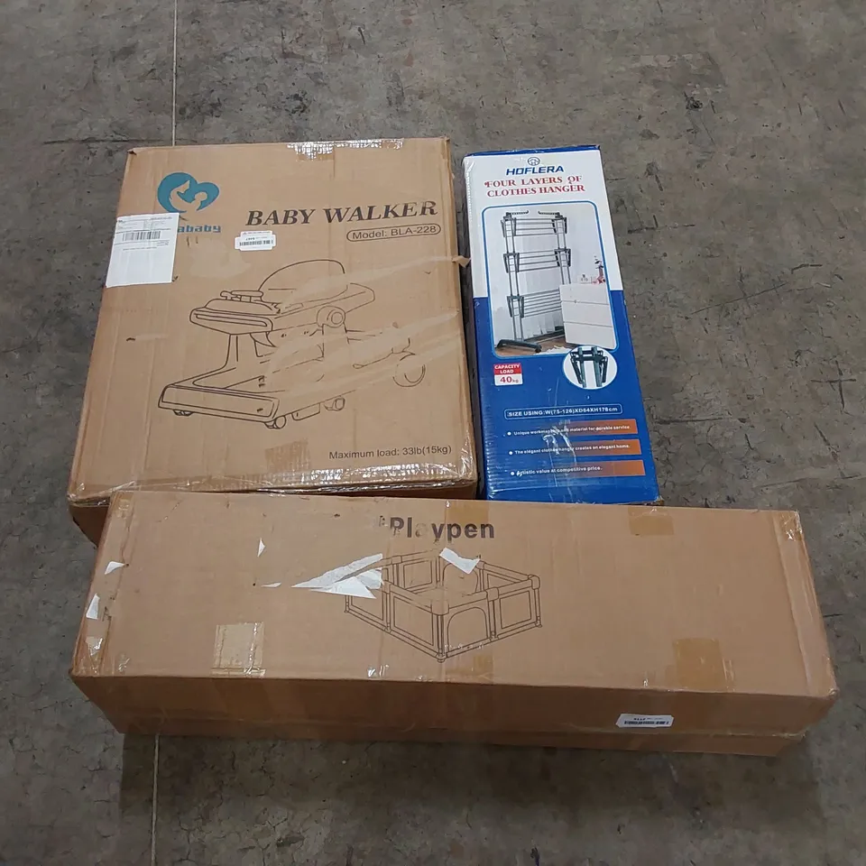 PALLET OF ASSORTED HOUSEHOLD ITEMS AND CONSUMER PRODUCTS. INCLUDES; BABY PLAYPEN, BABY WALKER, CLOTHES HANGER, OFFICE CHAIR, BOXED FURNITURE ETC