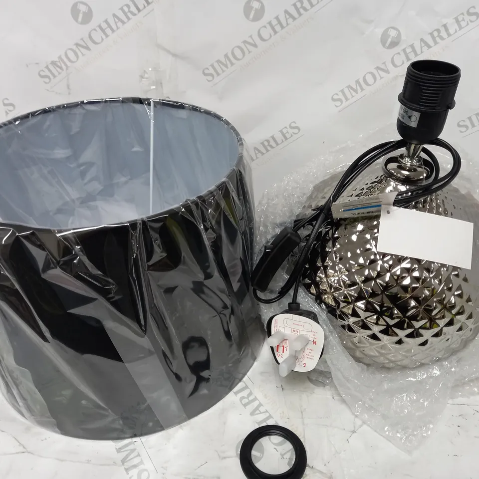 METRO LANE ATLANTA BLACK SHADE SILVER EMBOSSED CERAMIC BASE TABLE LAMP