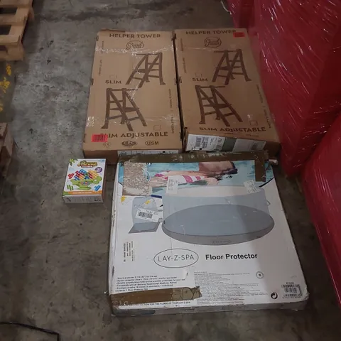 PALLET OF ASSORTED ITEMS INCLUDING: HELPER TOWERS, LAY-Z-SPA FLOOR PROTECTOR, GAMES ECT