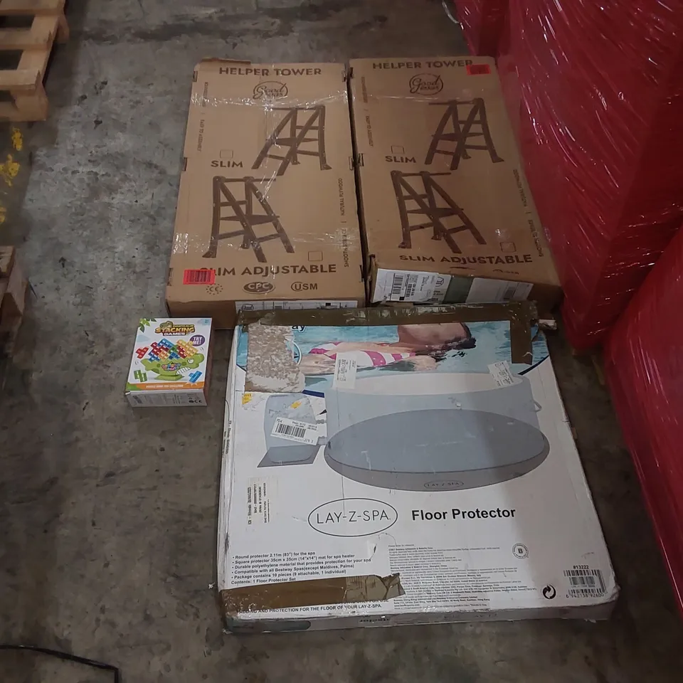 PALLET OF ASSORTED ITEMS INCLUDING: HELPER TOWERS, LAY-Z-SPA FLOOR PROTECTOR, GAMES ECT