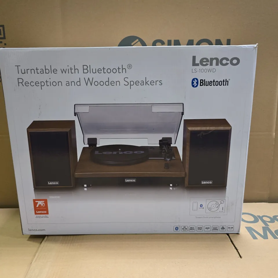 BOXED LENCO LS-100WD BELT DRIVE TURNTABLE WITH WOODEN SPEAKERS