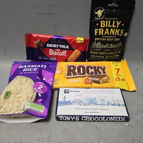 APPROXIMATELY 10 ASSORTED FOOD & DRINK ITEMS TO INCLUDE - CADBURY BISCOFF , ROCKY , BASMATI RICE , BILLY FRANKS BEEF JERKY ETC
