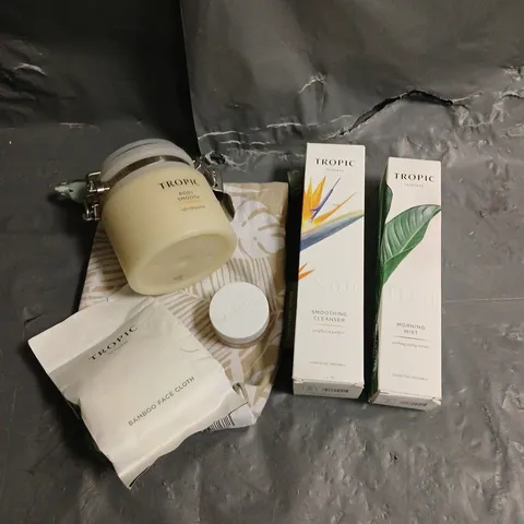 TROPIC SKINCARE LOT OF 5 ASSORTED PRODUCTS TO INCLUDE - MORNING MIST SOOTHING TONING ESSENCE - SMOOTHING CLEANSER - LIP SMOOTH SOFTENING SCRUB - ETC