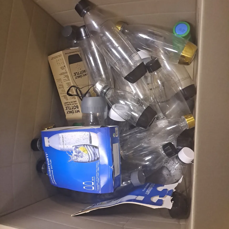 BOX OF ASSORTED SODA STREAM BOTTLES 