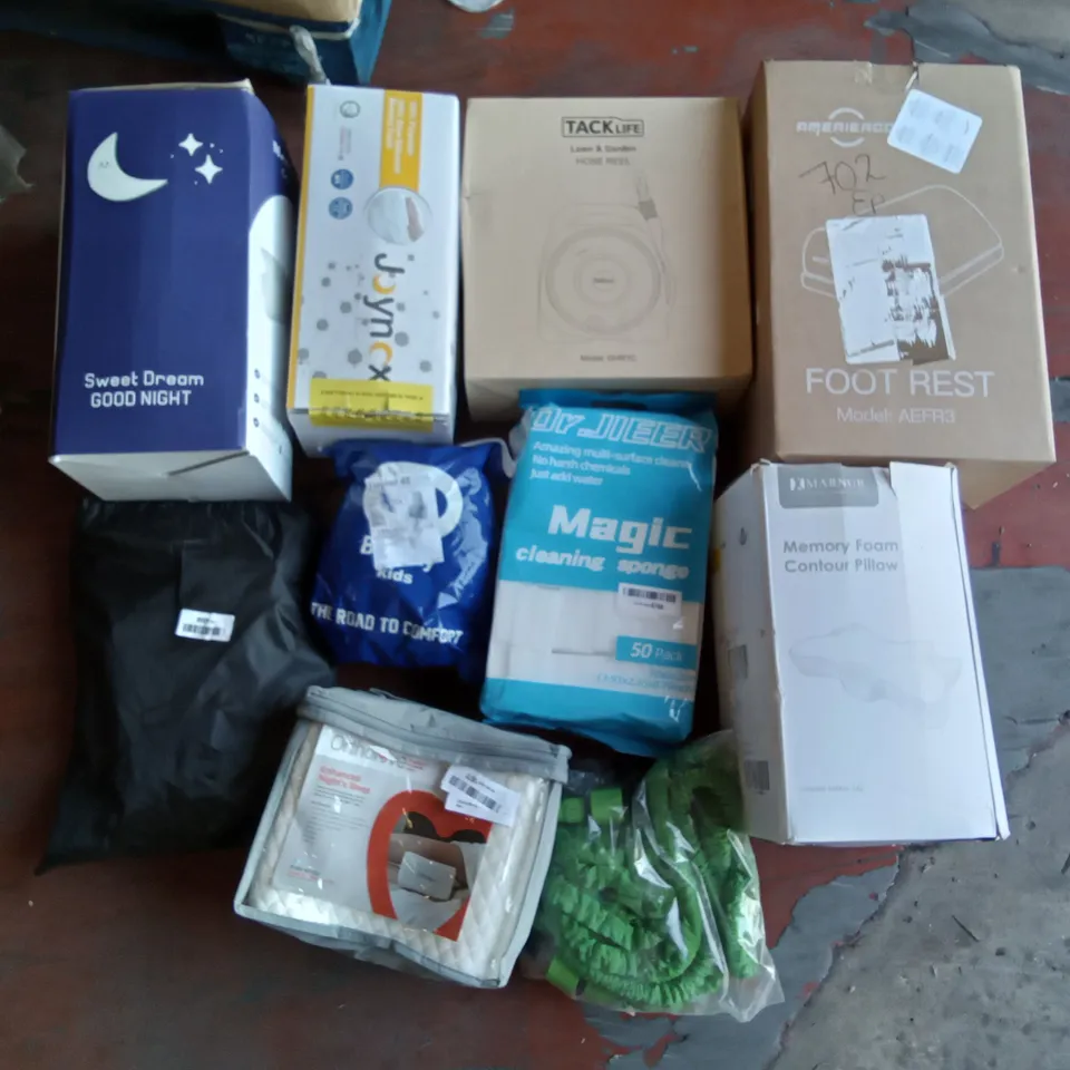PALLET OF ASSORTED ITEMS INCLUDING TACK LIFE HOSE REEL, MARBURY MEMORY FOAM CONTOUR PILLOW, AMERIERGO FOOT REST, MEMORY FOAM CERVICAL PILLOW, BCOZZY NECK REST, ORTHOLOVE ENHANCED NIGHTS SLEEP