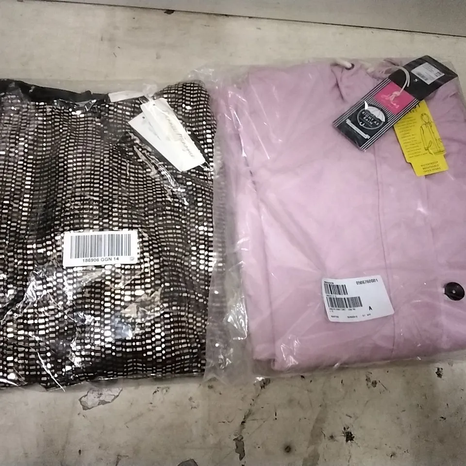BOX OF APPROXIMATELY 10 ASSORTED CLOTHING ITEMS TO INCLUDE JOULES LILAC COAST COAT SIZE 12, DANNII MINOGUE GOLD AND BLACK DRESS 2PCS SIZE 14