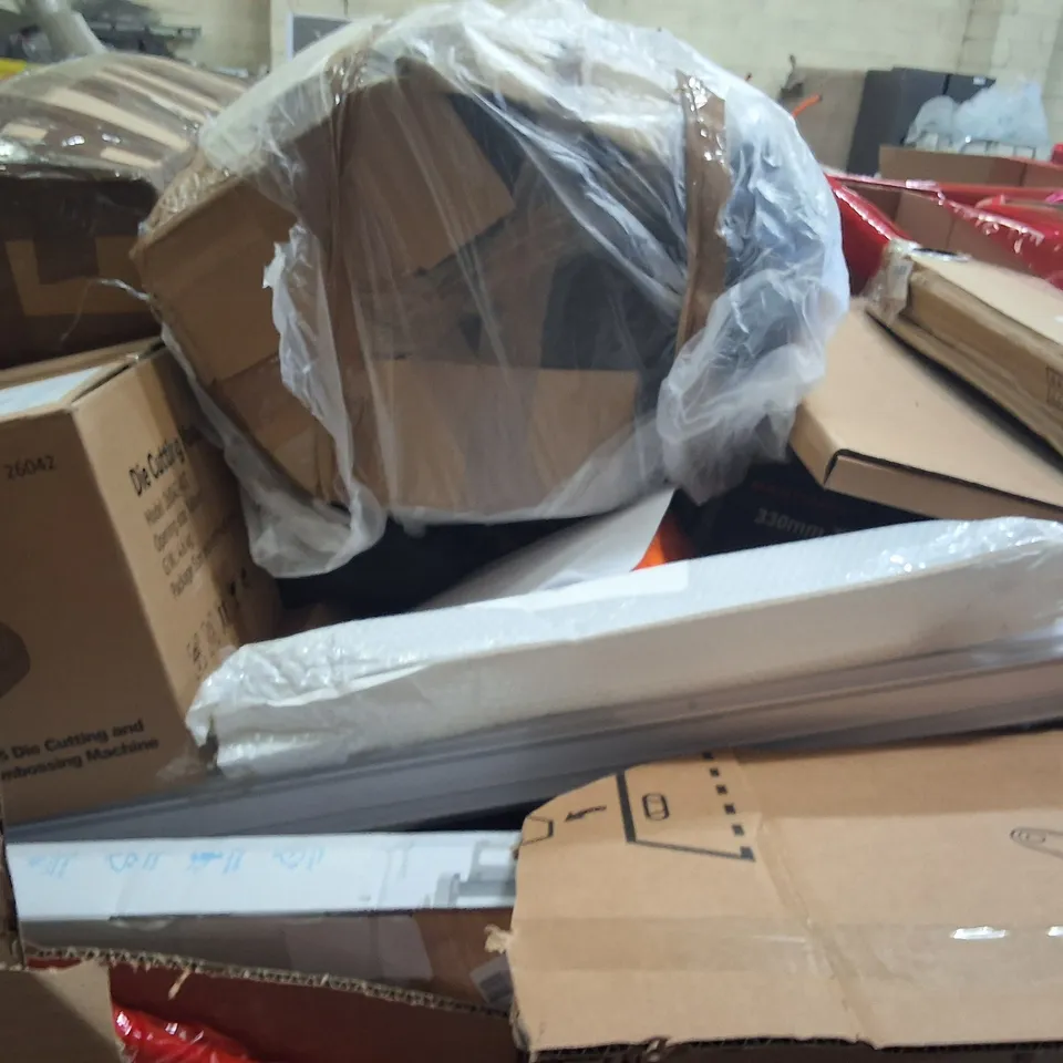 PALLET OF ASSORTED HOUSEHOLD GOODS AND PRODUCTS TO INCLUDE;DIE CUTTING MACHINE,RETRACTABLE SAFETY GATE,ROLLER BLINDS