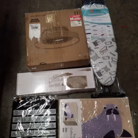 PALLET CONTAINING ASSORTED PRODUCTS INCLUDING IRONING BOARDS, FAN LIGHT, SHOWER MIXER, ADVENT CALENDAR & TOY CHESTS