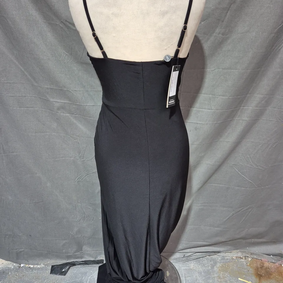 CLUB LONDON PLUNGE RUCHED CAMI MAXI DRESS WITH SPLIT IN BLACK SIZE 10