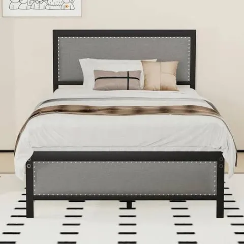 BOXED METAL TWIN GRAY BED FRAME WITH LINEN UPHOLSTERED HEADBOARD, PLATFORM BED WITH 12.6 IN. UNDER BED STORAGE AND NAILHEAD