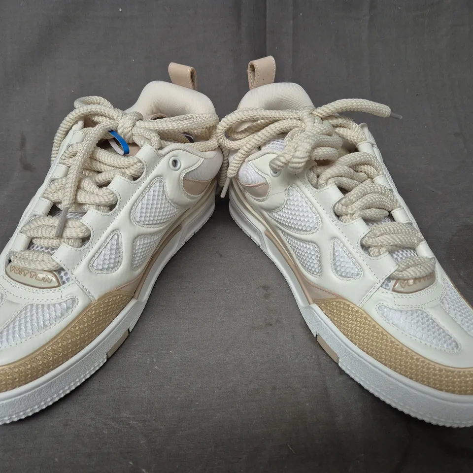 BOXED PAIR OF LOUIS VUITTON SKATE SNEAKERS IN APRICOT/WHITE UK SIZE 8