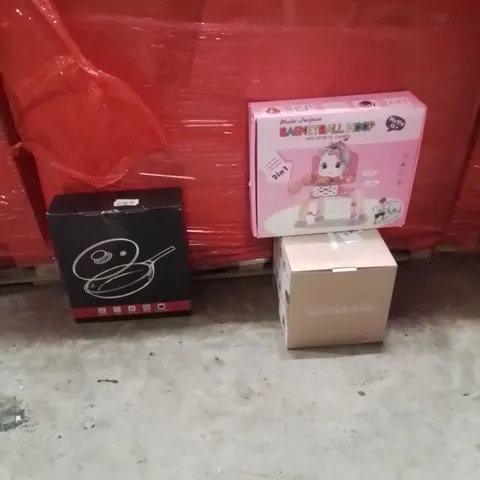 PALLET OF ASSORTED HOUSEHOLD GOODS AND PRODUCTS TO INCLUDE;KIDS GAME BASKET BALL HOOP,PANS,KNITTING LOOM