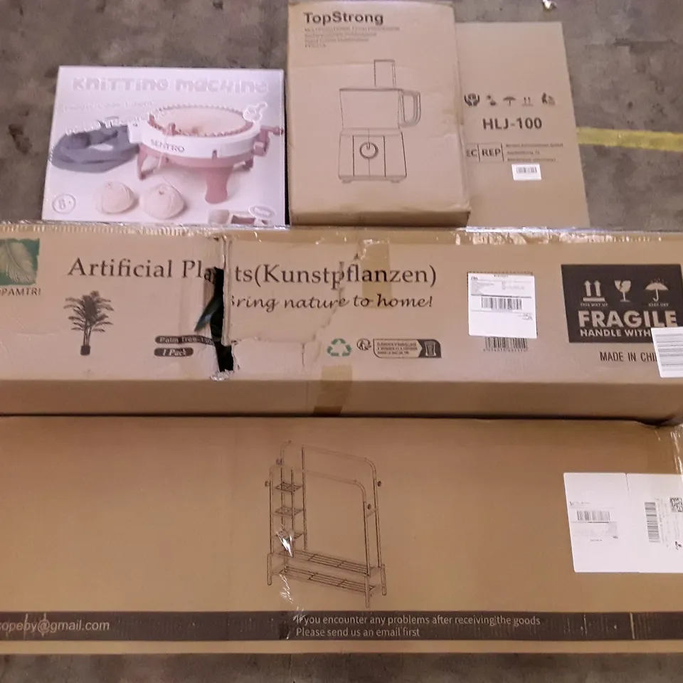PALLET OF ASSORTED PRODUCTS INCLUDING KNITTING MACHINE, MULTIFUNCTIONAL FOOD PROCESSOR, CHRISTMAS BAUBLE ORNAMENTS, ARTIFICIAL PLANTS, CLOTHES RACK WITH SHOE STORAGE