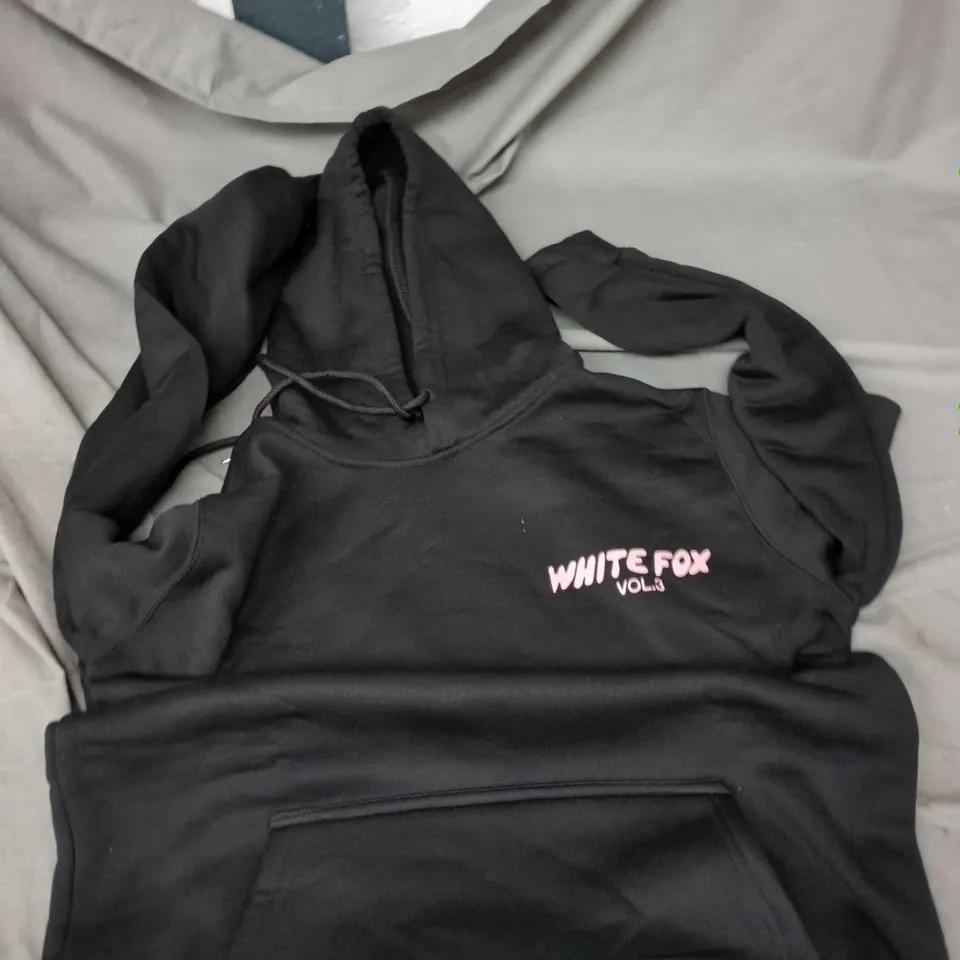 WHITE FOX HOODIE – UK SIZE S, BLACK WITH PINK 'WHITE FOX VOL.3' LOGO