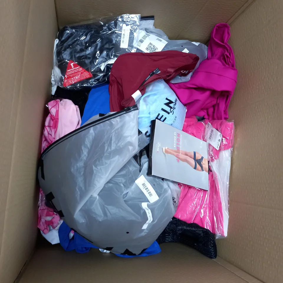 BOX OF ASSORTED CLOTHING ITEMS TOO INCLUDE JUMPERS, SHIRTS AND TROUSERS IN VARIOUS SIZES AND COLOURS   