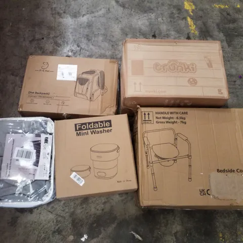 PALLET CONTAINING ASSORTED PRODUCTS INCLUDING PET BACKPACK, TRUNKI KIDS SUITCASE, HEATED THROW BLANKET, FOLDABLE MINI WASHER & BEDSIDE COMMODE