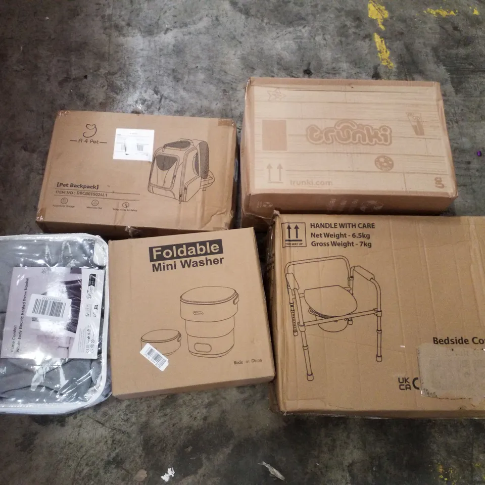 PALLET CONTAINING ASSORTED PRODUCTS INCLUDING PET BACKPACK, TRUNKI KIDS SUITCASE, HEATED THROW BLANKET, FOLDABLE MINI WASHER & BEDSIDE COMMODE 
