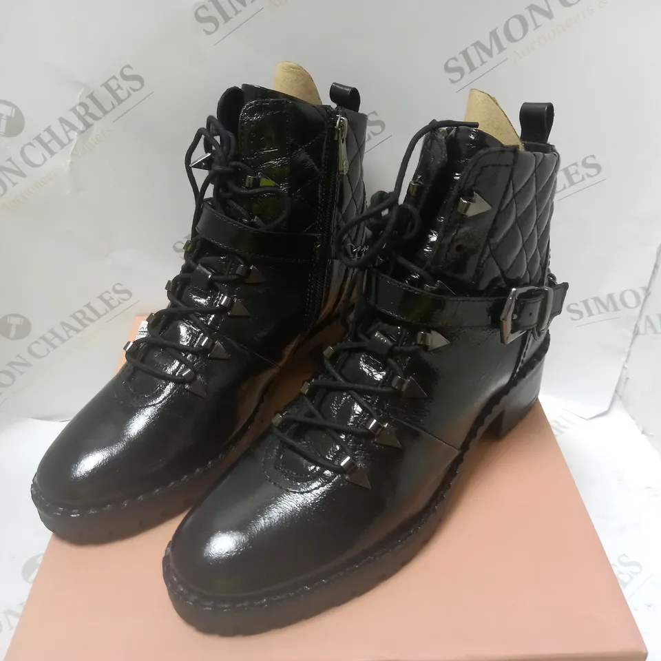 BOXED ARANIE BLACK PATENT LEATHER HIKER BOOTS - SIZE 8