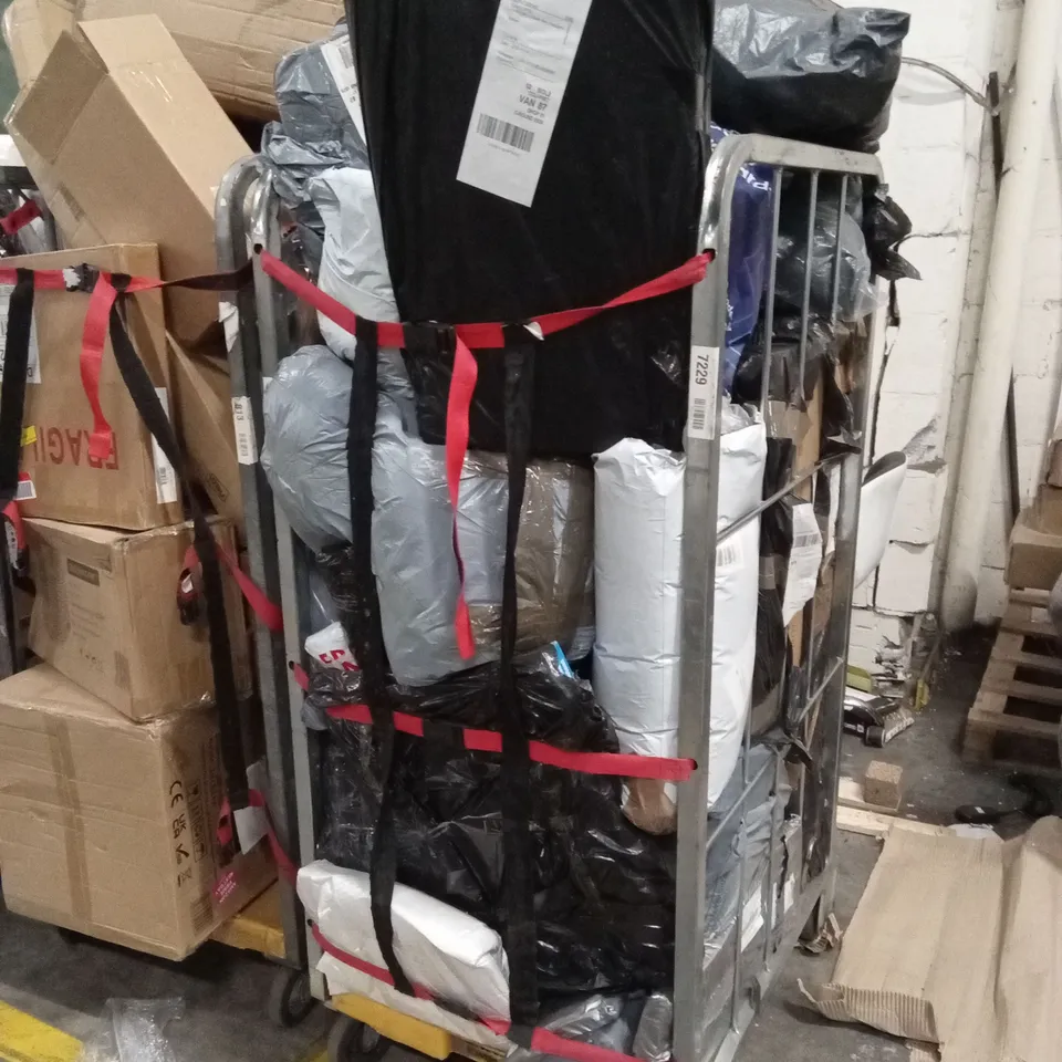 CAGE OF ASSORTED HOUSEHOLD GOODS AND PRODUCTS TO INCLUDE; CLOTHES RACK, LAPTOP TRAY, ETC