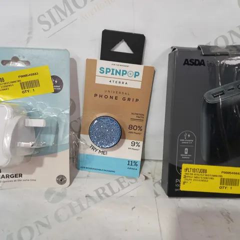 BOX OF APPROXIMATELY 20 ASSORTED ELECTRICAL ITEMS TO INCLUDE ASDA TECH POWER BANK, SPIN POP UNIVERSAL PHONE GRIP, ASDA TECH DUAL USB MAINS CHARGER, ETC