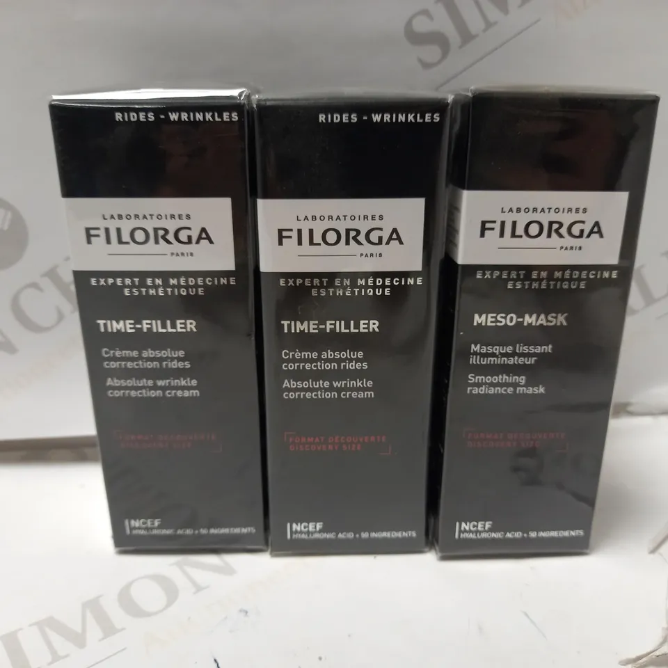 LOT OF 3 ASSORTED FILORGA PRODUCTS TO INCLUDE 2 X 30ML ABSOLUTE WRINKLE CORRECTION CREAM & SMOOTHING RADIANCE MASK 30ML