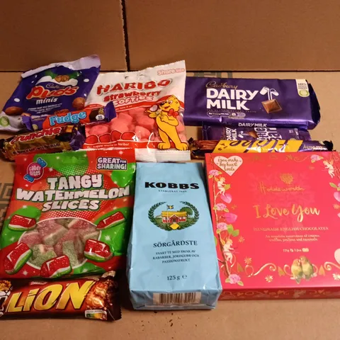 APPROXIMATELY 10 ASSORTED FOOD ITEMS TO INCLUDE DAIRY MILK, HARIBIO'S AND WATERMELON SLICES 