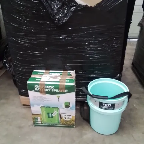 PALLET OF ASSORTED HOUSEHOLD GOODS AND PRODUCTS TO INCLUDE;YETI BUCKET,KNAPSACK,BATTERY SPRAYER 