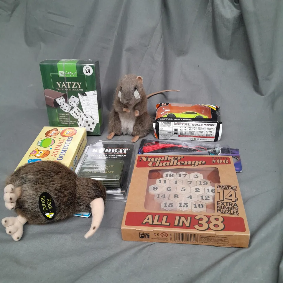 APPROXIMATELY 10 ASSORTED TOYS AND GAMES TO INCLUDE TEDDIES, BOARDGAMES AND MODEL CARS