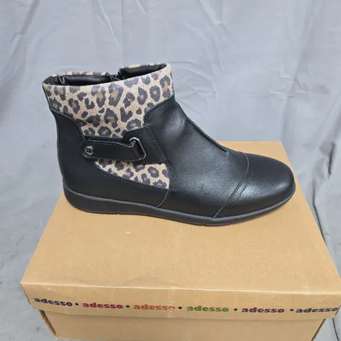 ADESSO BLACK/ANIMAL PRINT ANKLE BOOT SIZE 39 BOXED