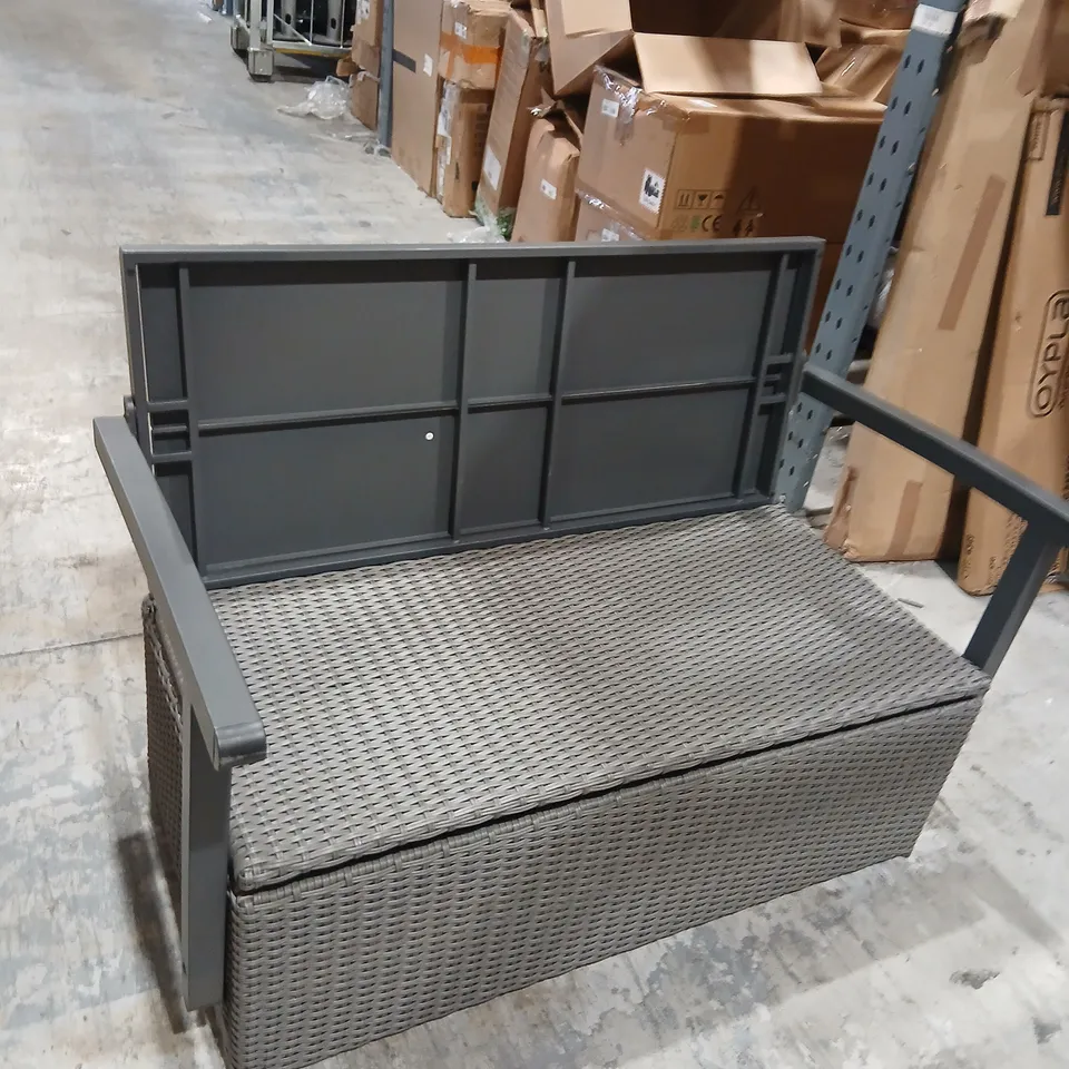 GREY WOVEN OUTDOOR DINING SET WITH CUSHIONED STORAGE BENCH – TABLE + 2 CHAIRS